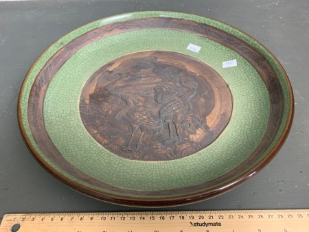 Heavy Crackle Glazed Stoneware Bowl with Cranes Design and Signed to Base