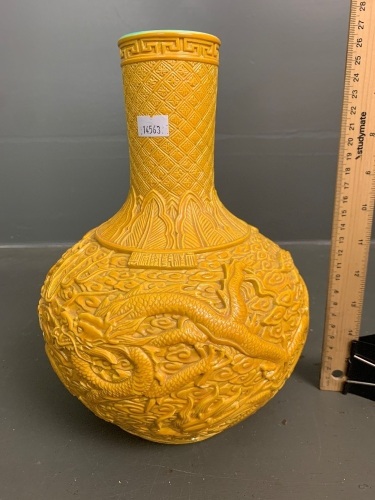 Heavy Majoilica Style Glazed Chinese Dragon Vase with Signature Panel to Neck