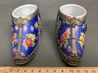 Pair of 1960's Enamelled Ceramic Chinese Slippers with Silver Mounts - Marked to Base