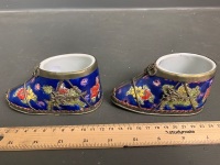 Pair of 1960's Enamelled Ceramic Chinese Slippers with Silver Mounts - Marked to Base - 2