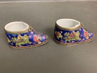 Pair of 1960's Enamelled Ceramic Chinese Slippers with Silver Mounts - Marked to Base - 4