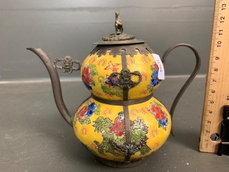 1960's Enamelled Ceramic Chinese Double Gourd Tea Pot with White Metal Mounts - Marked to Base