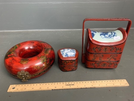 Small 2 Tier Chinese Laquered Lunchbox with Blue/White China Top Panel - Similar Trinket Box + Decorated Round Donut Trinket Box