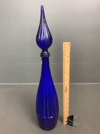 Vintage Cobalt Blue Fluted Glass Genie Bottle with Hobnail Base Section