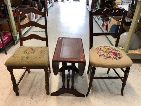 2 Vintage Chairs with Hand Embroidered Seats + Small Folding Table