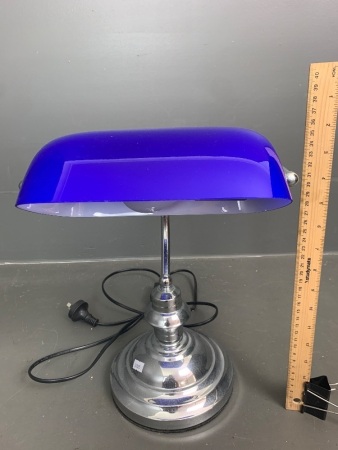 Contemporary Chrome Bankers Lamp with Blue Glass Shade