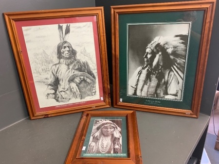 3 x Large Timber Framed Prints of Native American Indian Chiefs - 2Â Photographic 1 Limited Edtion Signed Drawing