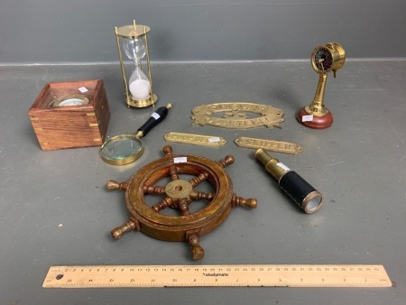 Asstd Lot of Nautical Themed Brass and Timber Items inc. Mini Telescope, Boxed Compass, Timer, Spy Glass, Signs Etc.