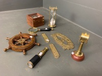 Asstd Lot of Nautical Themed Brass and Timber Items inc. Mini Telescope, Boxed Compass, Timer, Spy Glass, Signs Etc. - 2