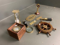 Asstd Lot of Nautical Themed Brass and Timber Items inc. Mini Telescope, Boxed Compass, Timer, Spy Glass, Signs Etc. - 3