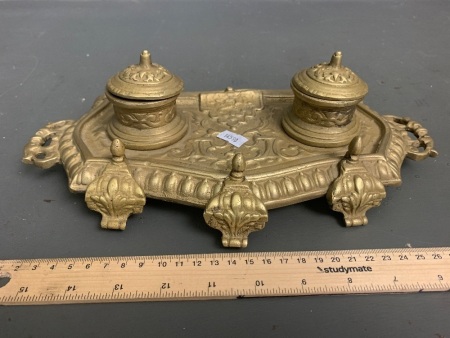 Cast Brass Inkwells and Desk Tidy