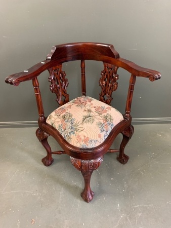 Heavily Carved Contemporary Upholstered Mahogany Corner Chair on Ball and Claw Feet