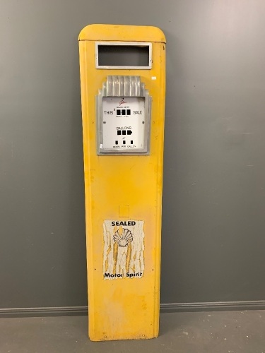 Original Steel Gilbarco Petrol Pump Front with Original Chromed Window Frame and Enamel Face Plate