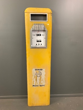 Original Steel Gilbarco Petrol Pump Front with Original Chromed Window Frame and Enamel Face Plate