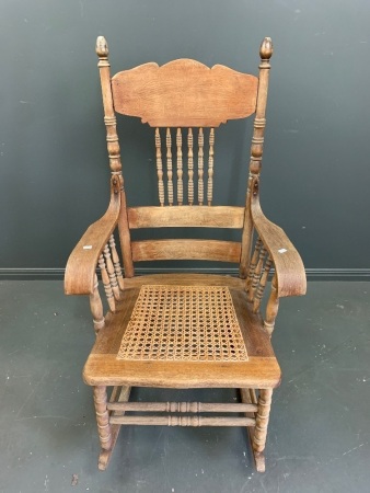 Vintage Timber Rocking Chair with Split Cane Seat and Pressed Timber and Spindle Back