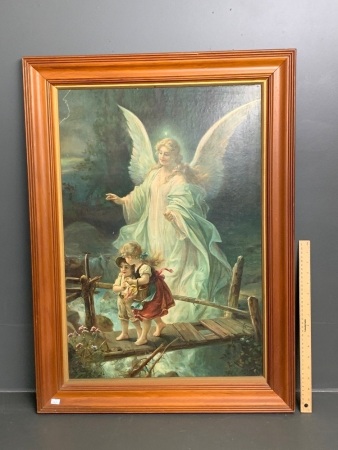 Large Timber Framed Antique Guardian Angel Print c1920's byLindberg Schutzengel