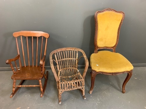 2 x Childs Rockers - 1 Cane 1 Timber + Vintage Style Padded Dining Chair and Small Boat Shelf