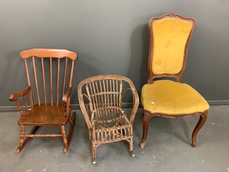 2 x Childs Rockers - 1 Cane 1 Timber + Vintage Style Padded Dining Chair and Small Boat Shelf