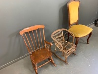 2 x Childs Rockers - 1 Cane 1 Timber + Vintage Style Padded Dining Chair and Small Boat Shelf - 3