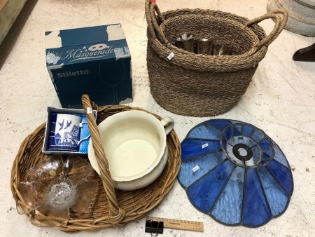 Box Lot of Baskets, Glasses, Goblets, Old Po & Lampshade