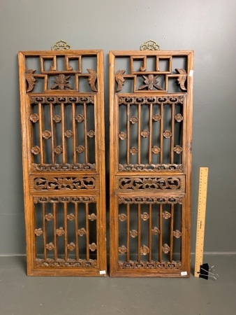 Pair of Vintage Chinese Carved Yew Wood Shutter/Screen Panels