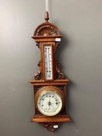 Antique Carved Oak Aneroid Wall Barometer with Bevelled Glass and Mercury Thermometer Above