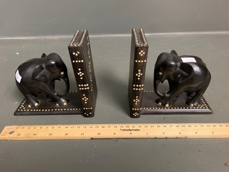 Pair Vintage Carved Ebony Elephant Bookends with Bone Inlay from Ceylon