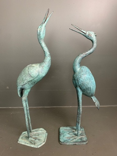 2 Large Verdigris Brass Garden Crane Figures