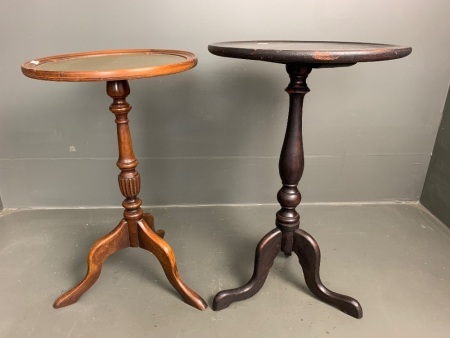 2 Vintage Timber Tripod Wine Tables - 1 With Leathered Top