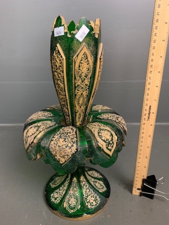 Large Antique Venetian Green Glass Flowering Style Vase with Raised and Gilded Decoration