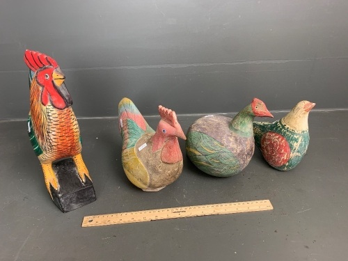 Asstd Lot of Carved Chooks and Guinea Fowl