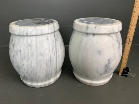 2 x Turned White/Grey Barrel Shaped Stone/Marble Stands with Grey Marble Inset Tops