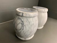 2 x Turned White/Grey Barrel Shaped Stone/Marble Stands with Grey Marble Inset Tops - 4