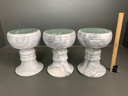 3 x Turned White/Grey Stone/Marble Stands with Green Marble Inset Tops