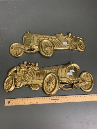 Pair of Large Heavy Solid Brass Racing Car Wall Plaques