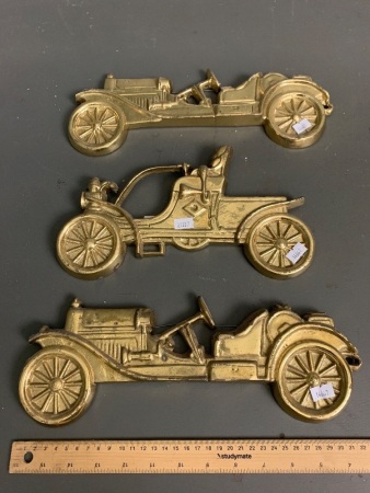 Three Heavy Solid Brass Vintage Car Wall Plaques