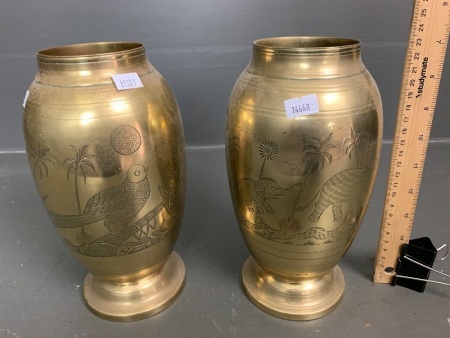 Pair of Large Vintage Heavy Indian Brass Vases Incised with Elephant and Bird