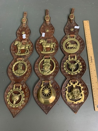 Set 3 Vintage Brown Tooled Leather Martingales each with 3 Vintage Horse Brasses