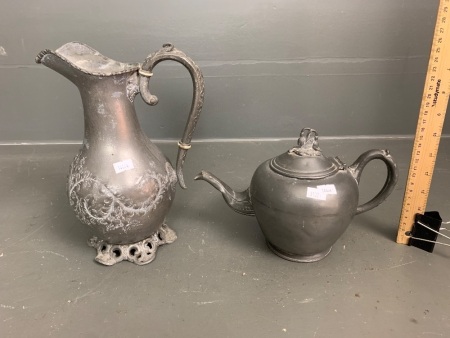 Antique Pewter Claret Jug (Repaired) + Similar Tea Pot Marked Sheffield