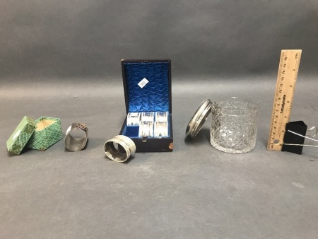 Sterling Silver Topped Crystal Jar + Boxed Vintage Plated Napkin Rings and NZ Centennial Napkin Ring