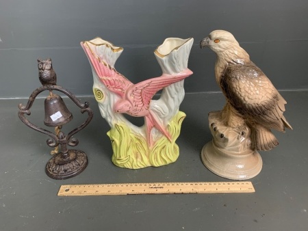 Asstd Lot Large 1960's Kalmar Australian Pottery Lustre Pink Bird Vase - Ceramic Eagle - Cast Iron Owl Bell