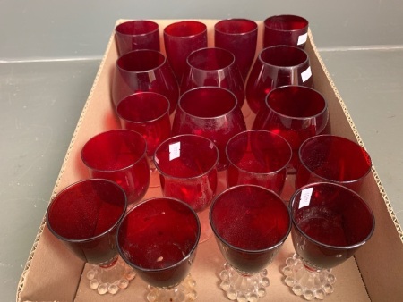 Large Asstd Lot of Vintage and Contemporary Ruby Glasses inc. Brandy Balloons