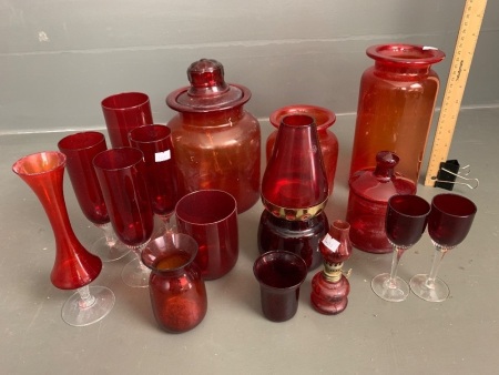 Asstd Lot of Vintage and Contemporary Ruby Glass inc. Jars, Lamps and Glasses