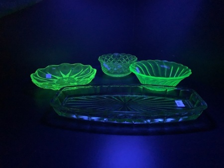 3 Vintage Uranium Glass Bowls + 1 Green Depression