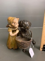 Antique Figural Group of Girl and Dog with Basket -Â  Possibly French - Extensive Markings to Base