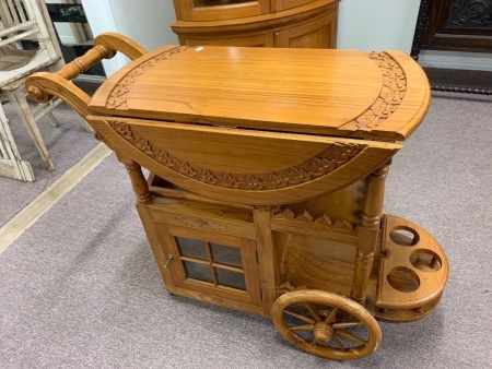 Contemporary Carved Timber Drop Leaf Drinks Trolley with Glazed Door