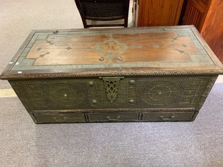 Large Original Vintage Omani Wedding/Dowry/Sea Chest with Brass Veneer Cladding, Lock and Stud Decoration and Candle Box Inside