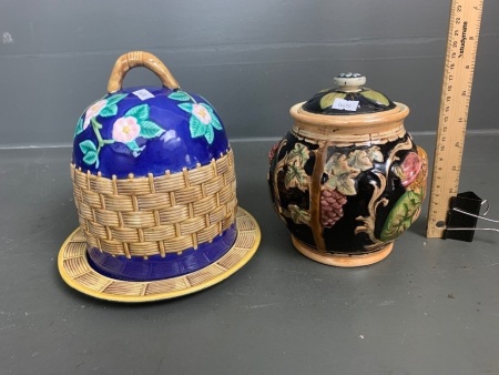 Majolica Style Ceramic Cheese Dome + Similar Style Lidded German Pot