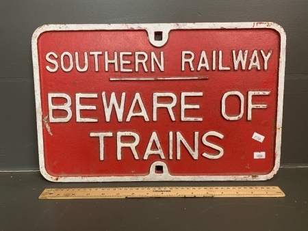 Large Red Painted Heavy Cast Iron Southern Railway Beware of Trains Wall Sign