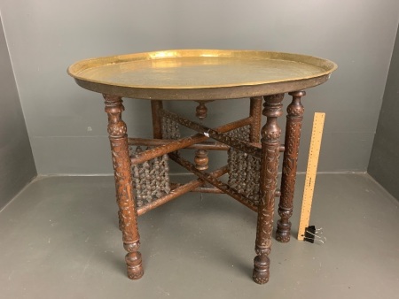 Large Arabic Polished Brass Travelling Tea Table with Heavily Carved Ornate Folding Frame